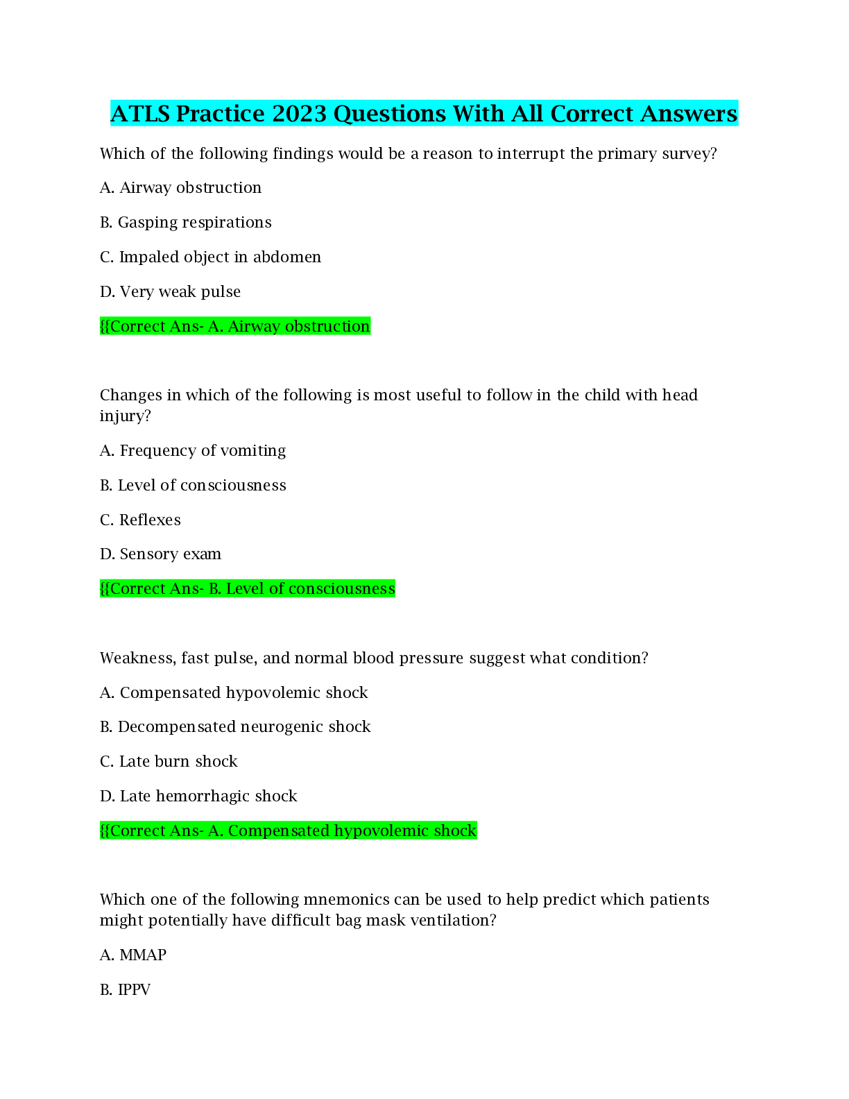 Preview image for ATLS Practice 2023 Questions With All Correct Answers